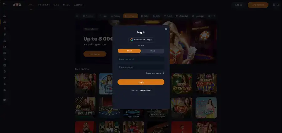 Vox Casino Login Formular mit E-Mail und Passwort auf der Website