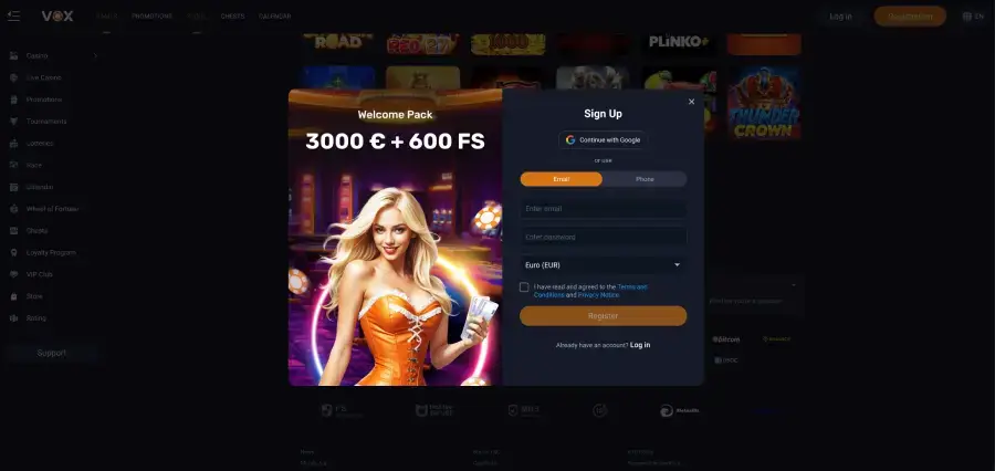Vox Casino Anmeldung Formular auf der Registrierungsseite