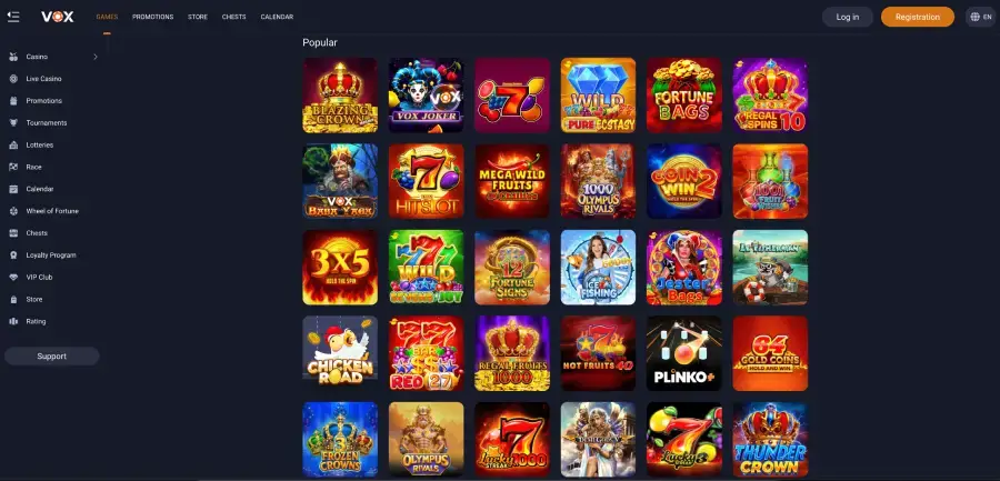 Vox Casino Slots Auswahl mit Filtern nach Anbieter und Features